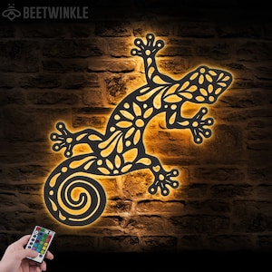 Gecko Metal Wall Art LED Light Ledge Lizard Sign Home Decor Pet Animal Kid Nursery Decoration Housewarming Birthday Christmas Gift