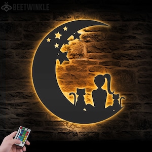 Girl And Cat On The Moon Metal Wall Art with LED Light Moon Cat Sign Home Decor Crescent Moon Decoration Man Cave Hanging Door Housewarming