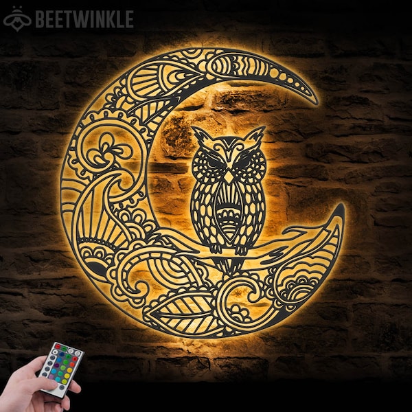 Owl On The Moon Metal Wall Art with LED Light Owl Moon Sign Home Decor Crescent Moon Decoration Man Cave Hanging Door Housewarming Birthday