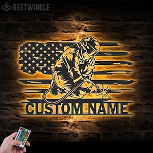 Custom Welding US Flag Metal Wall Art LED Light Personalized Welder Name Sign Home Decor Ironworker Decoration Man Cave Birthday Xmas Gifts
