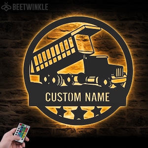 Custom Drump Truck Driver Metal Wall Art LED Light Personalized Trucker Name Sign Home Decor 18 Wheeler Decoration Birthday Xmas Dad Gift