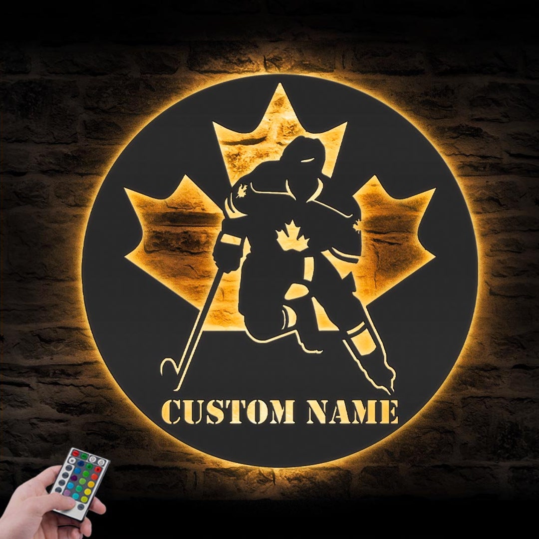 Custom Man Ice Hockey Maple Leaf Canada Metal Wall Art LED Light Personalized Male Canadian