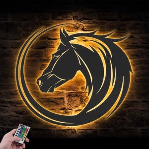 Head Horse Circle Metal Wall Art LED Light Horse Barn Sign Home Decor Country Kid Nursery Decoration Cowboy Cowgirl Christmas Birthday Xmas