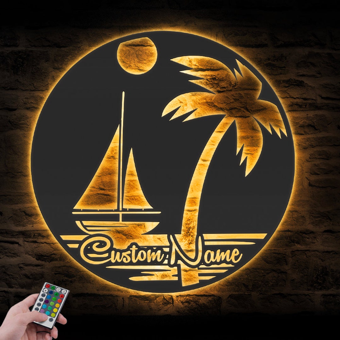 Custom Sailing Ship Metal Wall Art LED Light Personalized Sailboat Name