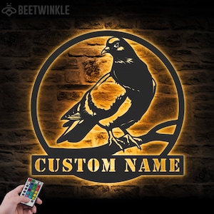 Custom Pigeon Peace Bird Metal Wall Art LED Light Personalized Dove Pet Homing Bird Name Sign Home Decor Boy Girl Nursery Decoration Xmas