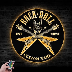 Custom Guitar Rock Hand Metal Wall Art LED Light Personalized Rock And Roll Name Sign Home Decor Music Room Decoration Rocker Birthday Xmas