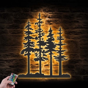 Arte de pared de metal con forma de pino tenue con luz LED y nombre de cedro, decoración del hogar, decoración de cabaña de bienvenida, inauguración de la casa, cumpleaños y Navidad