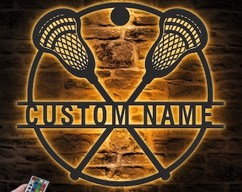 Custom Lacrosse Sticks Metal Wall Art LED Light Personalized Lacrosse Player Name Sign Home Decor Kids Nursery Decoration Birthday Xmas Gift