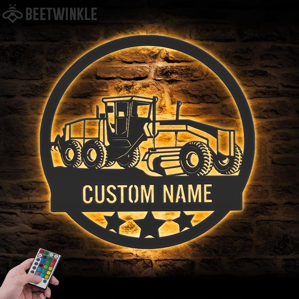 Custom Road Grader Metal Wall Art LED Light Personalized Heavy Equipment Name Sign Home Decor Construction Decoration Man Cave Birthday Xmas