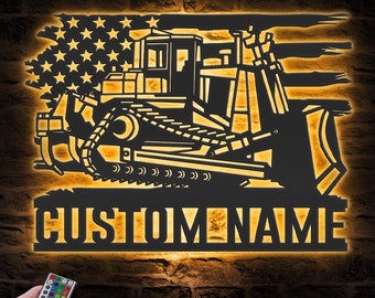 Custom US Bulldozer Driver Metal Wall Art LED Light Personalized Bulldozer Excavator Name Sign Home Decor Heavy Equipment Decoration