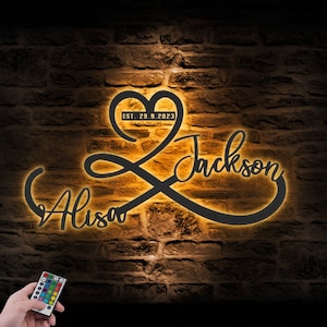 Custom Name And Date Metal Wall Art LED Light Personalized Heart And Infinity Name Sign Home Decor Wedding Love Valentine Day Decoration