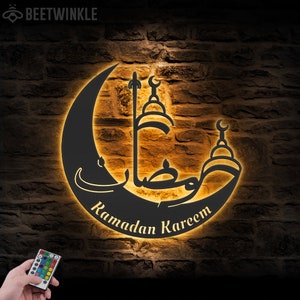 Ramadan Mubarak Moon Metal Wall Art LED Light Ramadan Moon Sign Home Decor Islamic Calendar Decoration Crescent Ramadan Kareem Housewarming