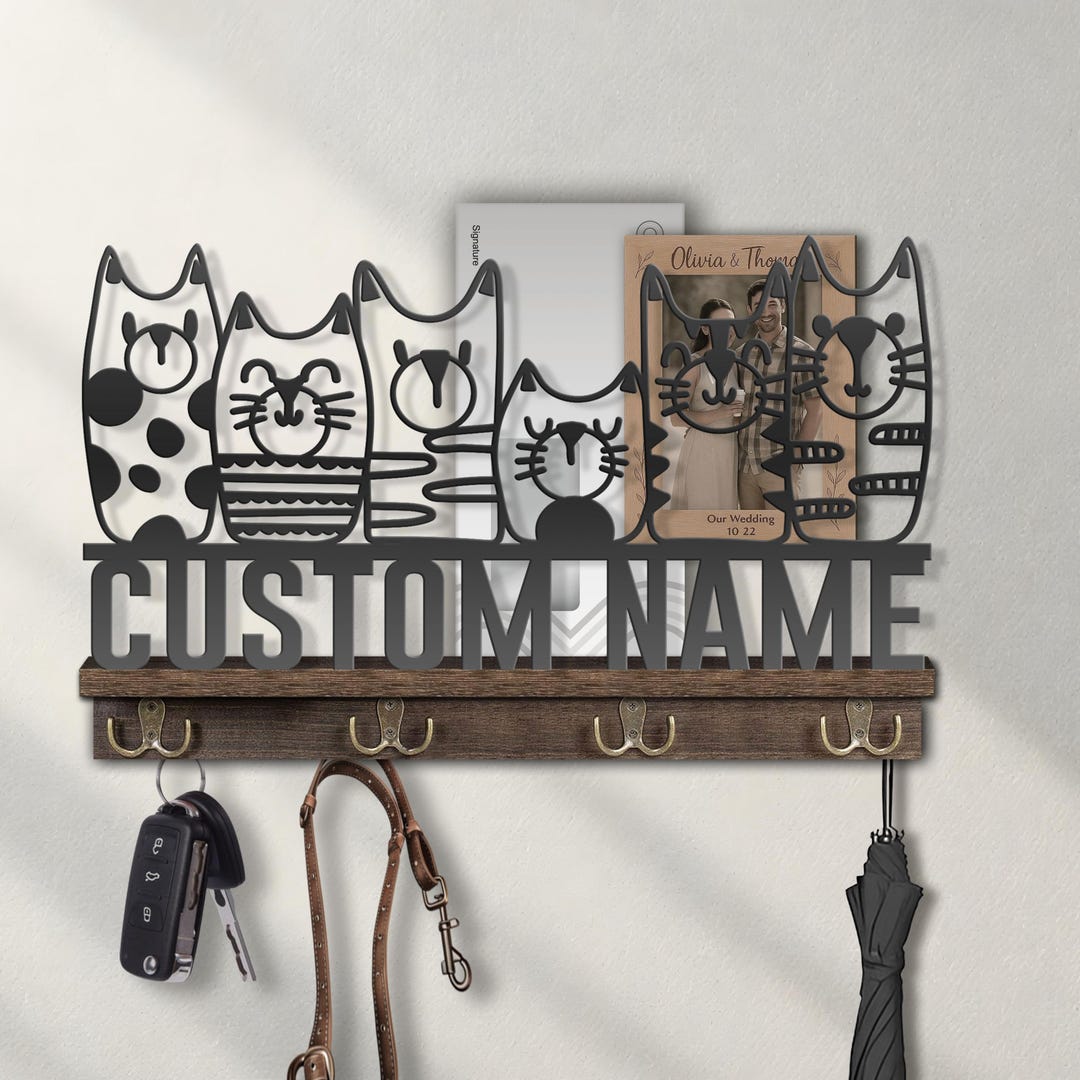 Custom Cat Metal Wooden Key Holder Shelf Personalized Pet Animal Name ...
