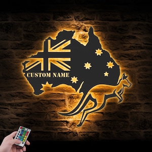Benutzerdefinierte Känguru Australien Karte Zustand Metall Wandkunst LED-Licht Personalisierte australische Name Zeichen Wohnkultur Geboren in Australien Flagge Dekoration