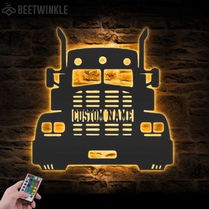 Custom Semi Truck Driver Metal Wall Art LED Light Personalized Trucker Name Sign Home Decor 18 Wheeler Decoration Birthday Xmas Dad Gift