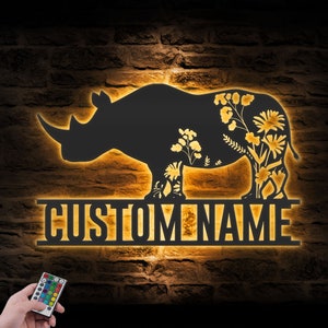 Custom WildFlower Rhino Metal Wall Art LED Light Personalized Wild Flower Rhino Name Sign Home Decor Floral Rhinoceros Decoration Christmas