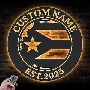 Custom Distressed Puerto Rico Flag Metal Wall Art LED Light Personalized Puerto Rico Lover Name Sign Decor Born in Puerto Rico Decoration
