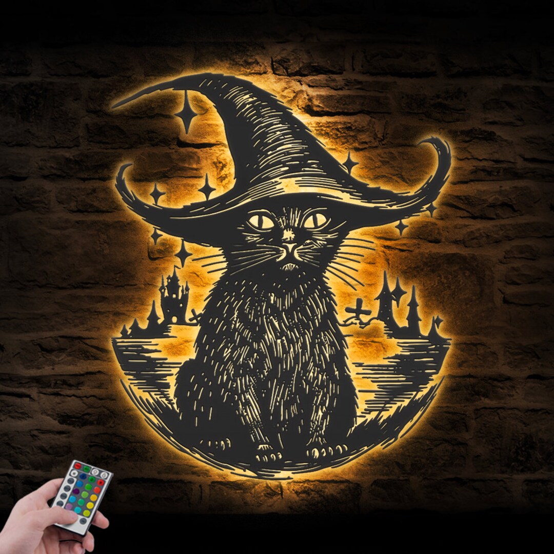 Witch Black Cat Metal Wall Art With LED Light Magic Cat Sign Home Decor ...