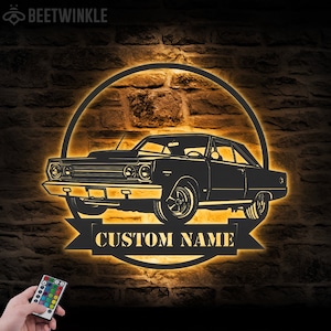Custom Garage Metal Wall Art LED Light Personalized Classic Muscle Car Name Sign Home Decor Mechanic Repair Decoration Repairman Birthday