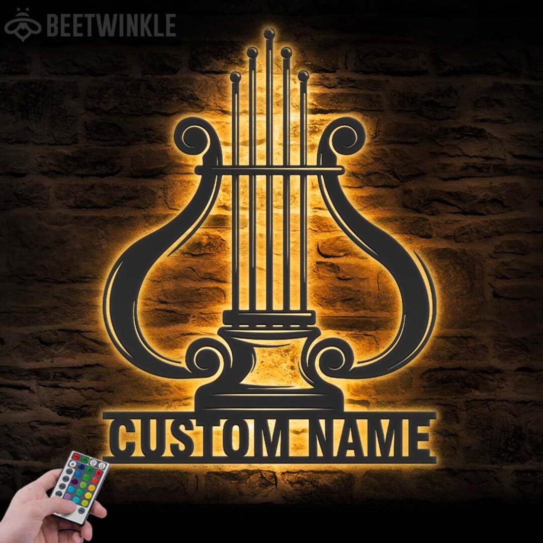 Custom Harp Musical Instrument Metal Wall Art LED Light Personalized ...
