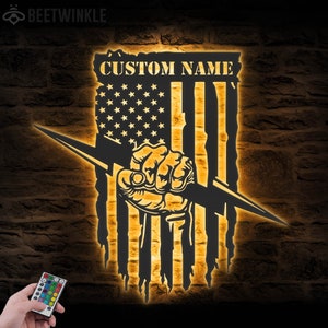 Custom US Lineman Electrician Metal Wall Art LED Light Personalized Electrician Hero Name Sign Home Decor Distressed US lighting Decoration