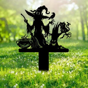 Witch Broom Cauldron Metal Garden Stake Halloween Metal Yard Art Sign Black Cat Scary Outdoor Decor Spooky Tree Halloween Sign