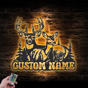Custom Couple Deer Hunting Metal Wall Art LED Light Personalized Big Buck Whitetail Deer Hunter Name Sign Home Decor Antler Cabin Decoration
