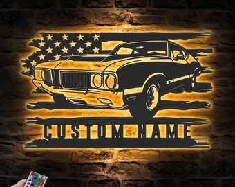 Custom US Garage Metal Wall Art LED Light Personalized Classic Muscle Car Name Sign Home Decor Mechanic Repair Decoration Repairman Birthday