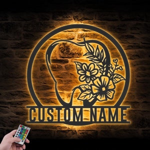 Arte de parede de metal para clínica odontológica com dente de flor personalizada, luz LED, placa de nome personalizada para cuidados odontológicos, decoração para casa, escritório, dentista, aniversário