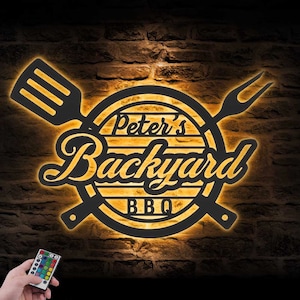 Custom Grill Metal Wall Art LED Light Personalized Backyard BBQ Name Sign Home Decor Barbecue Decoration Patio Housewarming Xmas Birthday