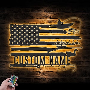 Custom Deer Turkey And Bass Fishing US Flag Metal Wall Art LED Light Personalized Hunter Name Sign Home Decor Cabin Decoration Birthday