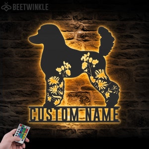 Custom FLoral Poodle Metal Wall Art LED Light Personalized Wild Flower Dog Lover Name Sign Home Decor Pet Animal Decor Birthday Xmas
