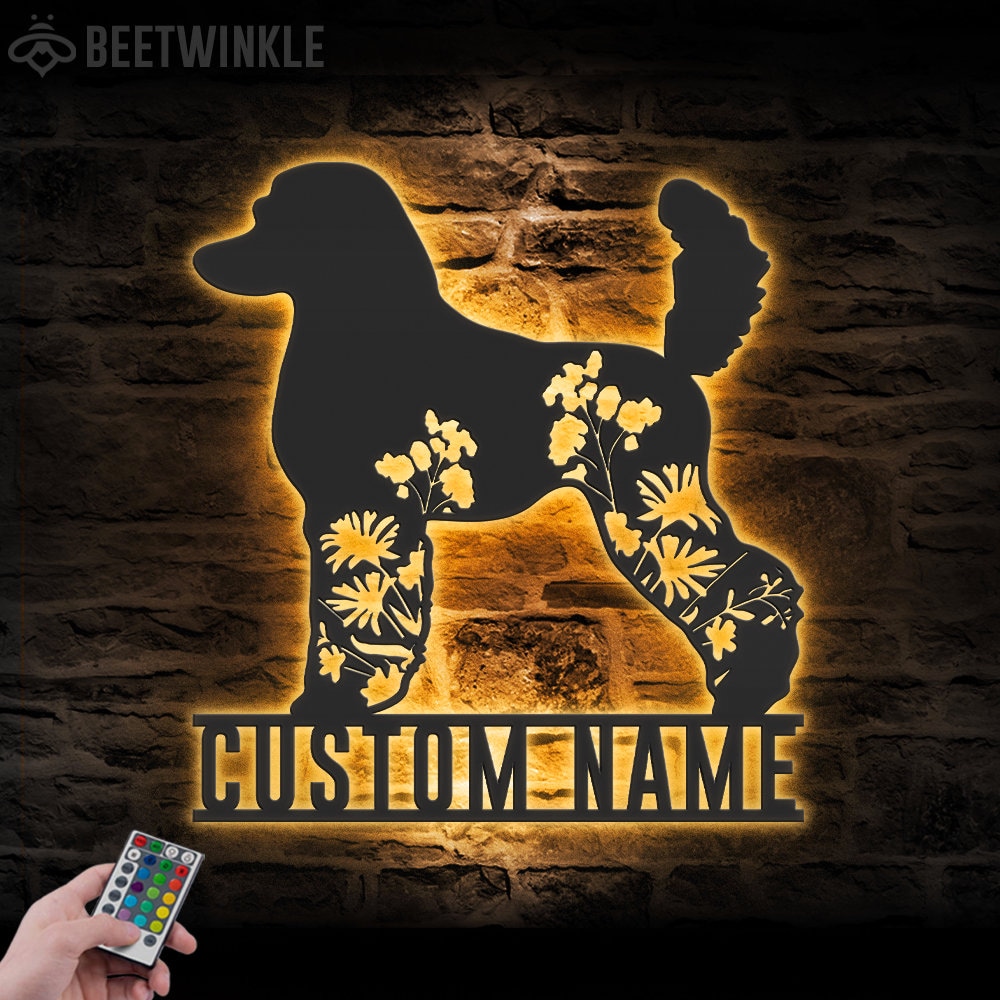 Custom FLoral Poodle Metal Wall Art LED Light Personalized Wild Flower Dog Lover Name Sign Home Decor Pet Animal Decor Birthday Xmas