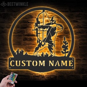 Custom Bow Hunter Metal Wall Art LED Lights Personalized Bow Hunting Name Sign Home Decor Bow Arrow Decoration Man Cave Christmas Birthday