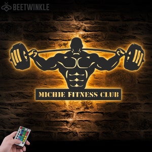 Custom Powerlifting Workout Metal Wall Art LED Light Personalized Deadlift Barbell Name Sign Home Decor Bodybuilding Gym Fitness Decoration