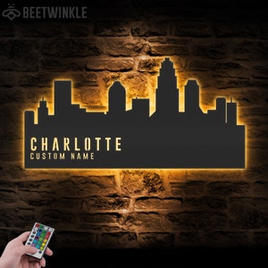 Custom Charlotte Skyline Metal Wall Art LED Light Personalized North Carolina Home Cityscape Name Sign Decor Born In Charlotte  Decoration