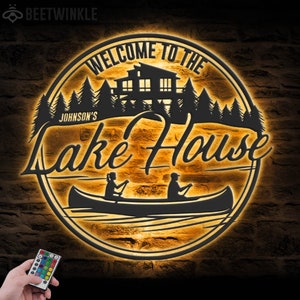 Custom Welkom Lake House Metal Wall Art LED-licht Gepersonaliseerde Lake Life Camping Naambord Home Decor Hut River House Decoratie Xmas