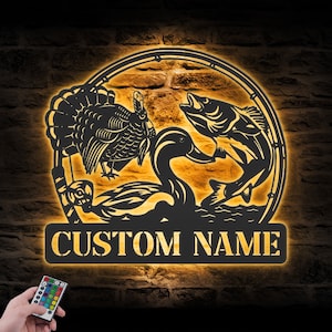 Custom Turkey Bass Fishing Duck Hunting Metal Wall Art LED Light Personalized Hunter Name Sign Home Decor Cabin Decoration Birthday Dad Gift