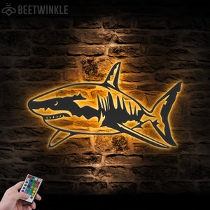 Great White Shark Metal Wall Art LED Light Shark Lover Name Sign Home Decor Boy Girl Nursery Decoration Birthday Housewarming Gifts