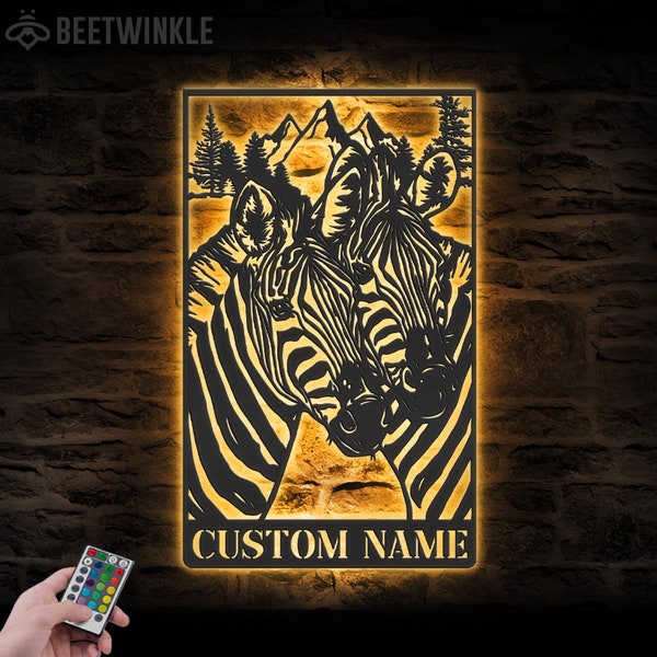 Custom Couple Zebra Horse Metal Wall Art LED Light Personalized Zebra Lover Name Sign Home Decor Safari Africa Wild Animal Barn Decoration
