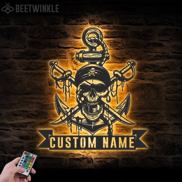 Custom Pirate Skull Swords Anchor Metal Wall Art LED Light Personalized Pirate Ship Name Sign Home Decor Skeleton Piracy Decoration Birthday