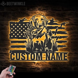 Custom Dog Hunting US Flag Metal Wall Art LED Light Personalized Hunter Name Sign Home Decor Duck Hunting Cabin Decoration Housewarming Xmas