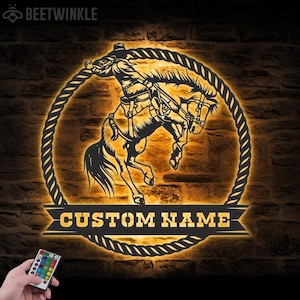 Custom Western Cowboy Roping Metal Wall Art LED Light Personalized Tie Down Roper Name Sign Home Rodeo Decor Cowboy Riding Horse Decoration