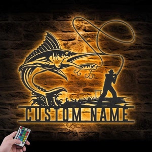 Custom Marlin Fishing Metal Wall Art LED Light Personalized Fisher Name Sign Home Decor Fish Jumping Decoration Birthay Dad Father&#39;s Day