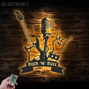 Guitar And Micro Metal Wall Art LED Light Rock And Roll Sign Home Decor Music Room Kid Nursery Decoration Rock Singer Housewarming Birthday