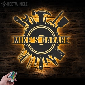 Custom Tools Repair Metal Wall Art LED Light Personalized Builder Workshop Name Sign Home Decor Constructor Decoration Repairman Birthday