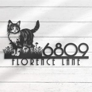 Custom Cat House Number Metal Address Sign Personalized Cat Home Number With Street Name Hanging Front Door Patio Decor Housewarming