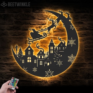 Santa Claus Metal Wall Art LED Light Santa&#39;s Sleigh Sign Home Decor Christmas Scene Village Santa Sleigh Decoration Housewarming Xmas gift