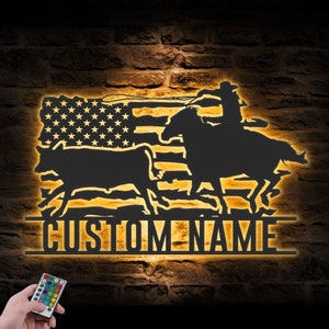 Custom Western Cowboy Cattle Roping Metal Wall Art LED Light ...