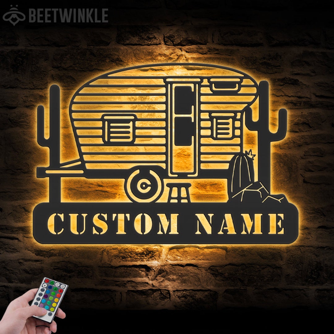 Custom Family Camping Car Metal Wall Art LED Light Personalized Happy